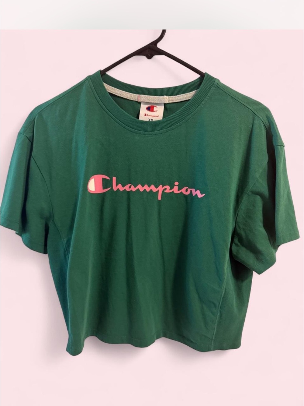 Champion Green Crop Tee with Pink Script Logo